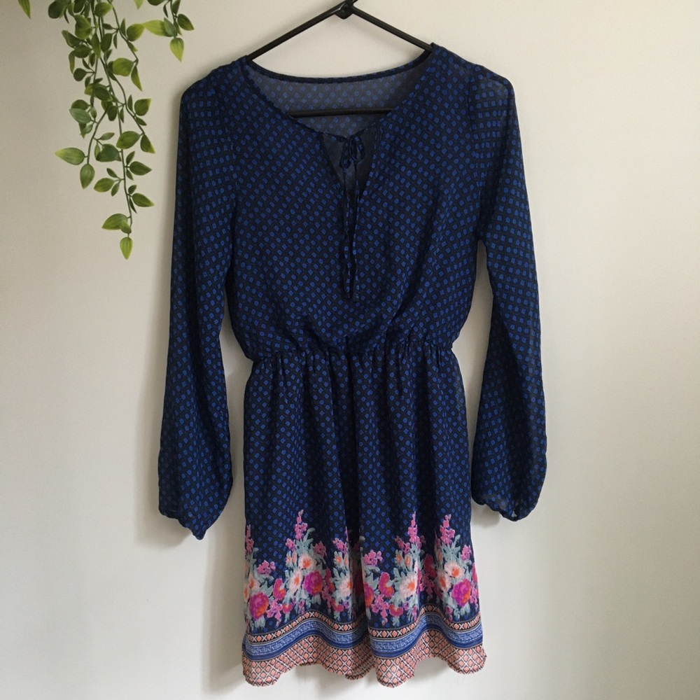 Mudd Navy Blue Long Sleeve Floral Hem Dress, Women’s Sz S